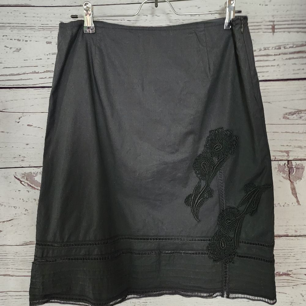 Vintage 90s Cynthia Steffe Black Cotton Blend Floral Embroidered Skirt - Size 8